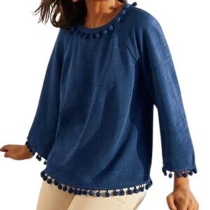 Boden Layla 100% Cotton Teal Blue Green Pompom 3/4 Bell Sleeve Sweatshirt Size 4